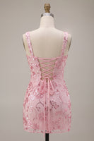 Laden Sie das Bild in den Galerie-Viewer, Glitzernde rosa Pailletten-Korsett, dicke Träger, kurzes Homecoming-Kleid mit Schleife