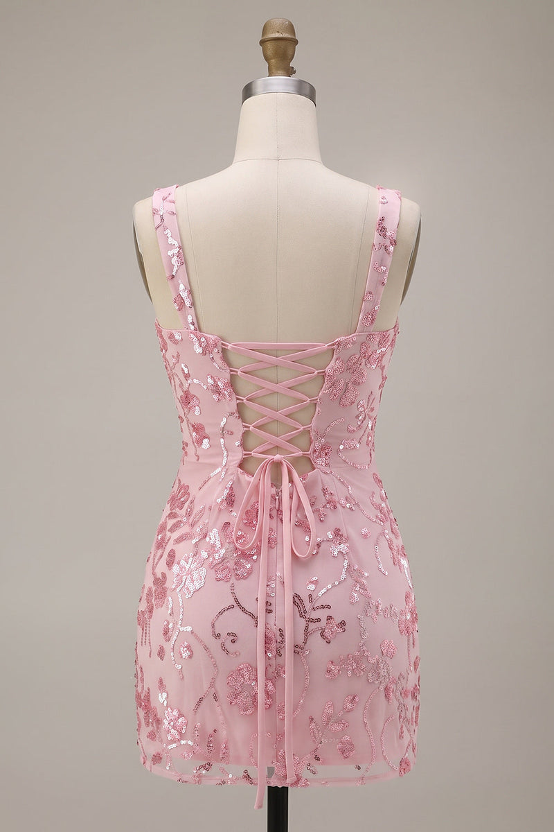 Laden Sie das Bild in den Galerie-Viewer, Glitzernde rosa Pailletten-Korsett, dicke Träger, kurzes Homecoming-Kleid mit Schleife