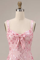 Laden Sie das Bild in den Galerie-Viewer, Glitzernde rosa Pailletten-Korsett, dicke Träger, kurzes Homecoming-Kleid mit Schleife