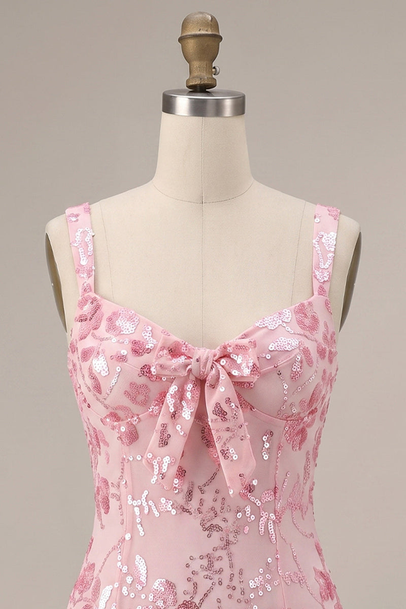 Laden Sie das Bild in den Galerie-Viewer, Glitzernde rosa Pailletten-Korsett, dicke Träger, kurzes Homecoming-Kleid mit Schleife