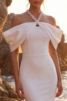 Laden Sie das Bild in den Galerie-Viewer, Weißes Halter-Satin-Off-the-shoulder-Perlen-Langzeitskleid