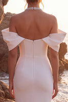 Laden Sie das Bild in den Galerie-Viewer, Weißes Halter-Satin-Off-the-shoulder-Perlen-Langzeitskleid