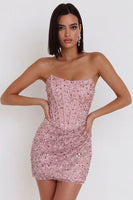 Laden Sie das Bild in den Galerie-Viewer, Rosa Korsett, geraffte Pailletten, trägerloses Bodycon Kurzes Cocktailkleid