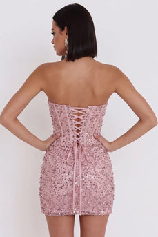 Rosa Korsett Geraffte Pailletten Trägerloses Bodycon Kurzes Cocktailkleid