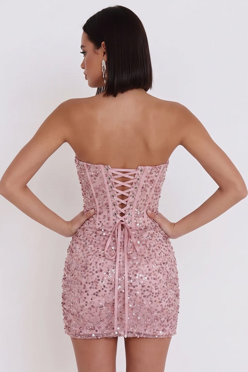 Laden Sie das Bild in den Galerie-Viewer, Rosa Korsett, geraffte Pailletten, trägerloses Bodycon Kurzes Cocktailkleid