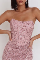 Laden Sie das Bild in den Galerie-Viewer, Rosa Korsett, geraffte Pailletten, trägerloses Bodycon Kurzes Cocktailkleid
