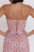 Laden Sie das Bild in den Galerie-Viewer, Rosa Korsett, geraffte Pailletten, trägerloses Bodycon Kurzes Cocktailkleid