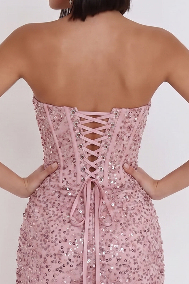 Laden Sie das Bild in den Galerie-Viewer, Rosa Korsett, geraffte Pailletten, trägerloses Bodycon Kurzes Cocktailkleid