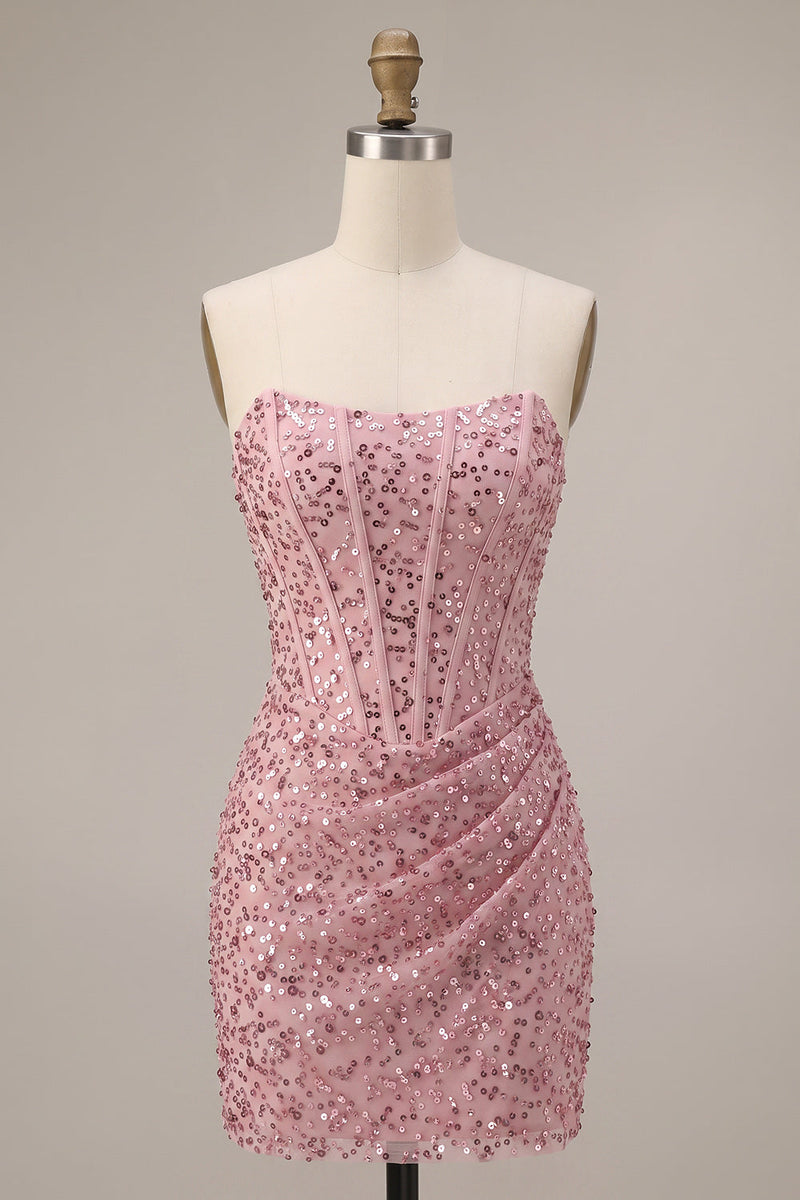 Laden Sie das Bild in den Galerie-Viewer, Rosa Korsett, geraffte Pailletten, trägerloses Bodycon Kurzes Cocktailkleid