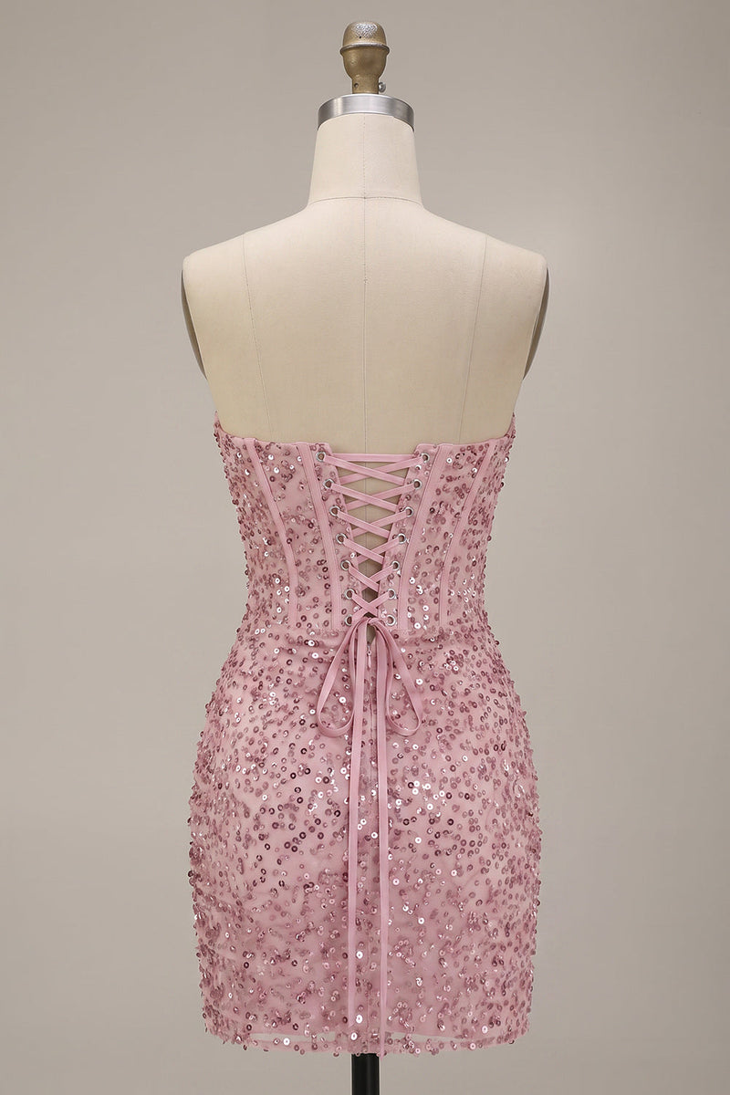 Laden Sie das Bild in den Galerie-Viewer, Rosa Korsett, geraffte Pailletten, trägerloses Bodycon Kurzes Cocktailkleid