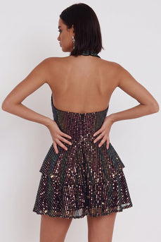 Glitzerndes Schwarzes Neckholderhals Gestuftes Rüschen Pailletten Kurzes Cocktailkleid