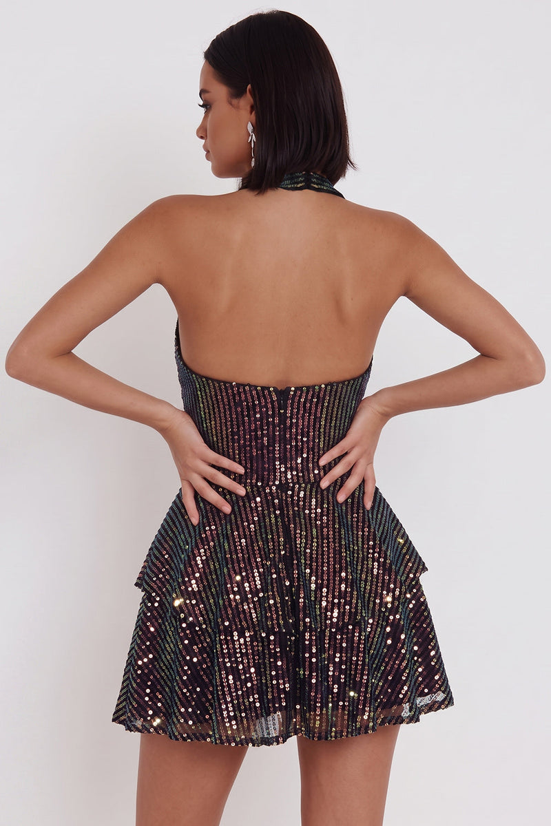 Laden Sie das Bild in den Galerie-Viewer, Glitzerndes schwarzes Neckholderhals mit gestuftem Rüschen, Pailletten, kurzes Cocktailkleid