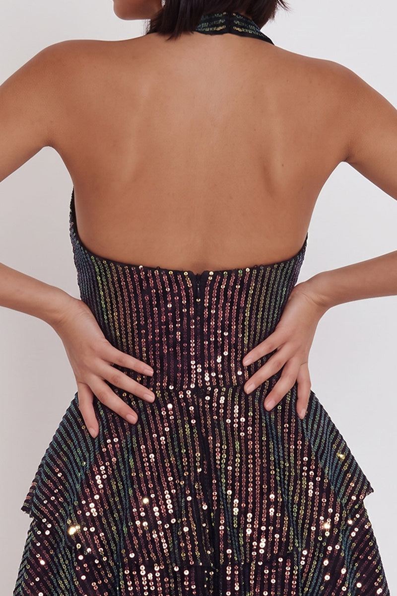 Laden Sie das Bild in den Galerie-Viewer, Glitzerndes schwarzes Neckholderhals mit gestuftem Rüschen, Pailletten, kurzes Cocktailkleid