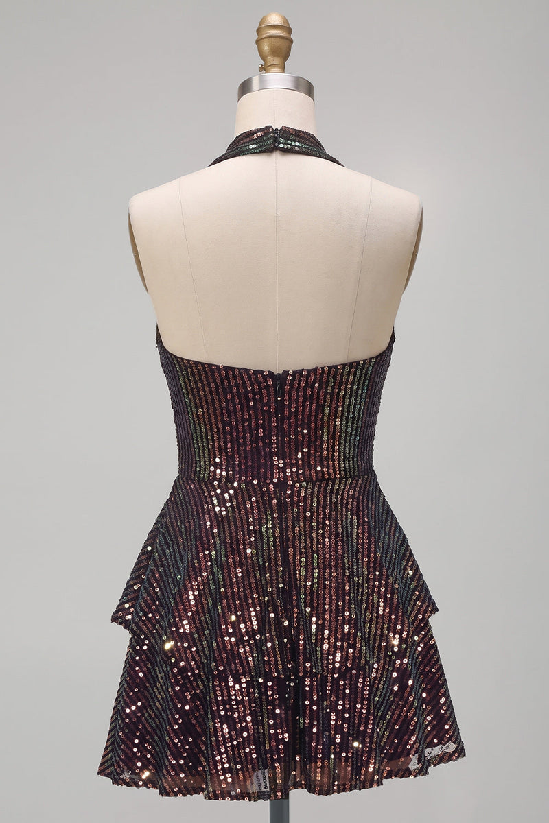 Laden Sie das Bild in den Galerie-Viewer, Glitzerndes schwarzes Neckholderhals mit gestuftem Rüschen, Pailletten, kurzes Cocktailkleid