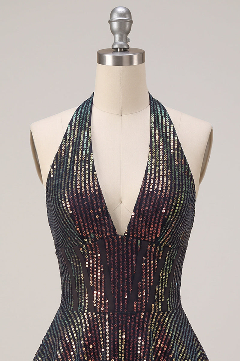 Laden Sie das Bild in den Galerie-Viewer, Glitzerndes schwarzes Neckholderhals mit gestuftem Rüschen, Pailletten, kurzes Cocktailkleid