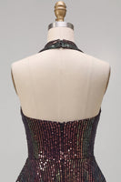 Laden Sie das Bild in den Galerie-Viewer, Glitzerndes schwarzes Neckholderhals mit gestuftem Rüschen, Pailletten, kurzes Cocktailkleid