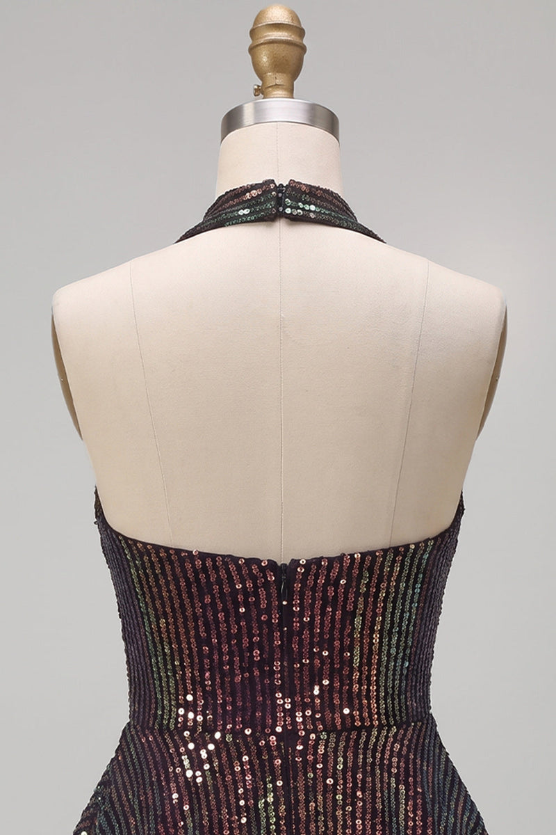 Laden Sie das Bild in den Galerie-Viewer, Glitzerndes schwarzes Neckholderhals mit gestuftem Rüschen, Pailletten, kurzes Cocktailkleid