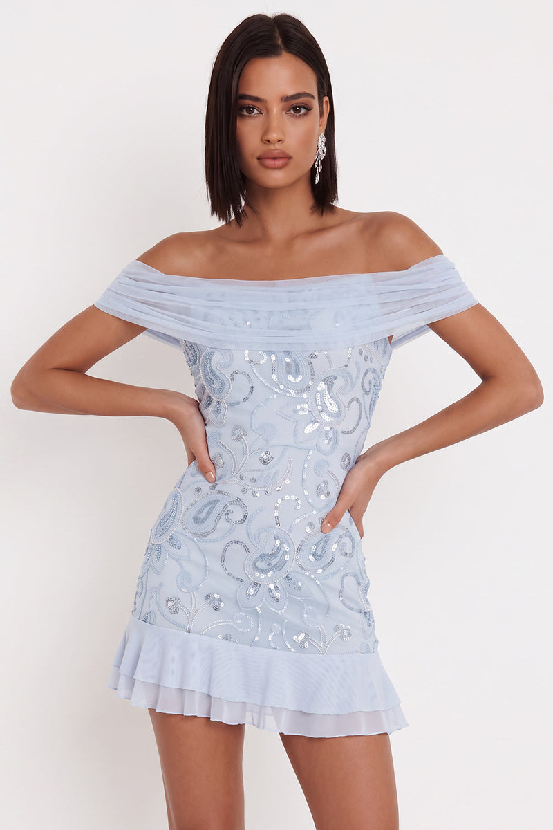 Laden Sie das Bild in den Galerie-Viewer, Himmelblaues, schulterfreies Pailletten-Rüschen-Tüll-Cocktailkleid