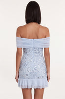 Laden Sie das Bild in den Galerie-Viewer, Himmelblaues, schulterfreies Pailletten-Rüschen-Tüll-Cocktailkleid