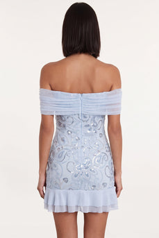 Himmelblaues Schulterfreies Pailletten Rüschen Tüll Cocktailkleid