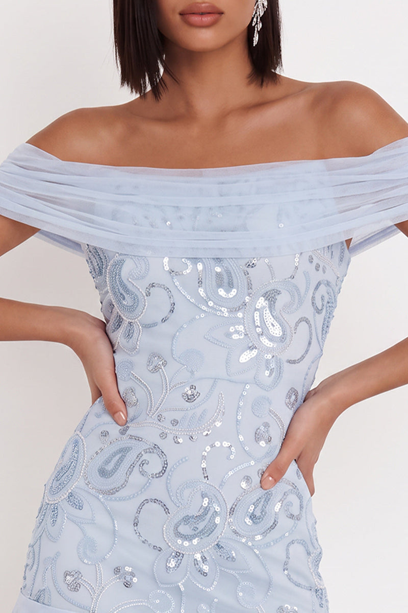 Laden Sie das Bild in den Galerie-Viewer, Himmelblaues, schulterfreies Pailletten-Rüschen-Tüll-Cocktailkleid