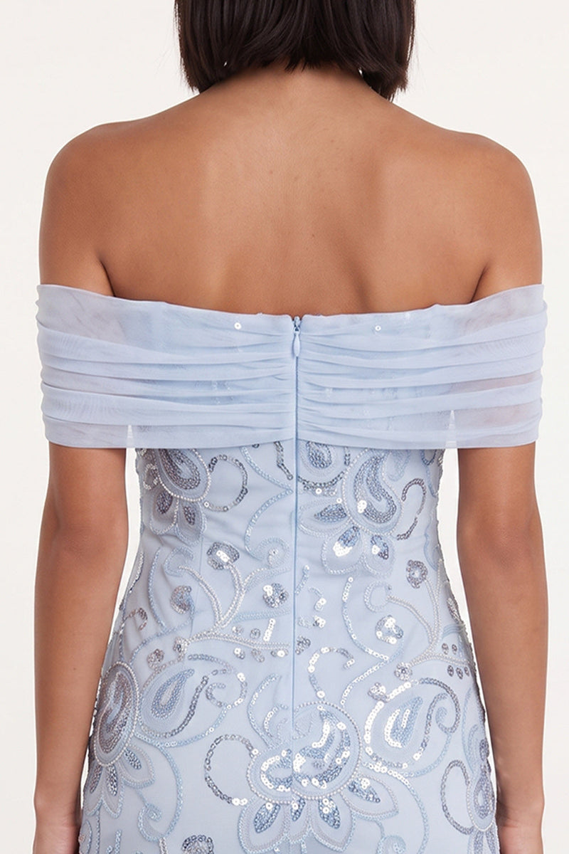 Laden Sie das Bild in den Galerie-Viewer, Himmelblaues, schulterfreies Pailletten-Rüschen-Tüll-Cocktailkleid