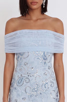 Laden Sie das Bild in den Galerie-Viewer, Himmelblaues, schulterfreies Pailletten-Rüschen-Tüll-Cocktailkleid