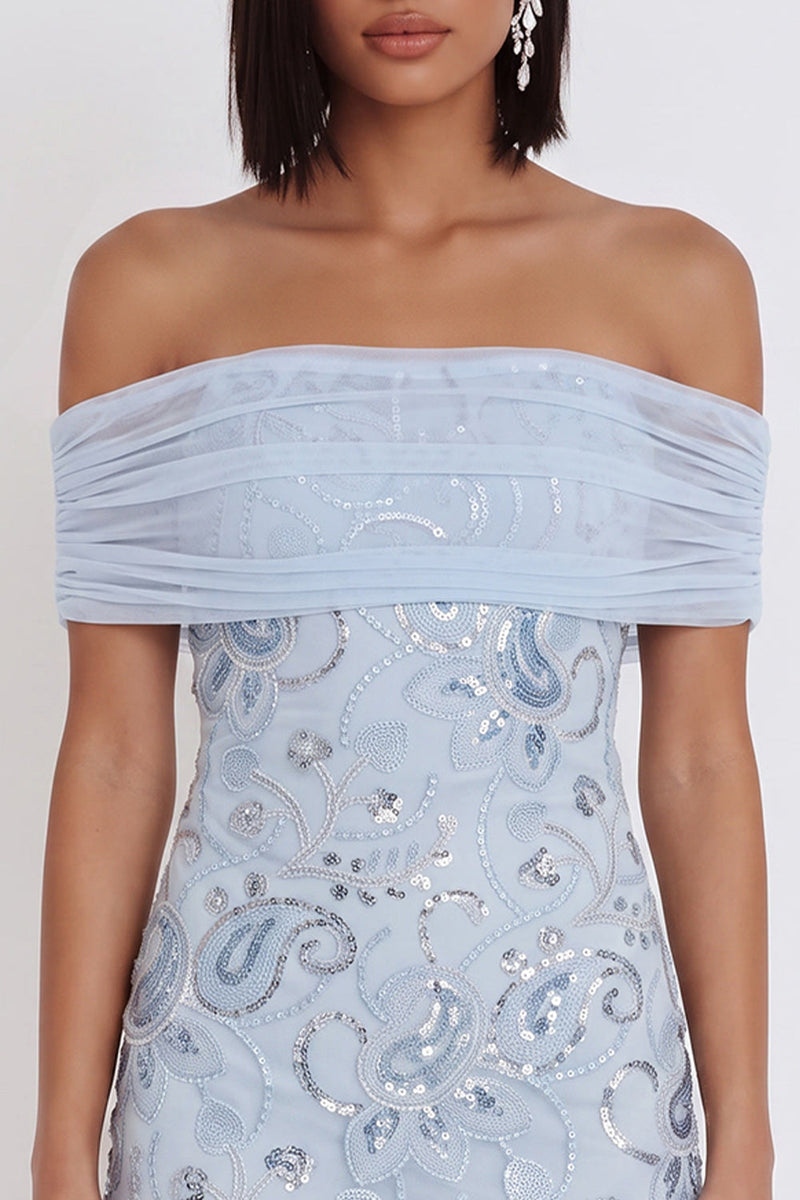 Laden Sie das Bild in den Galerie-Viewer, Himmelblaues, schulterfreies Pailletten-Rüschen-Tüll-Cocktailkleid