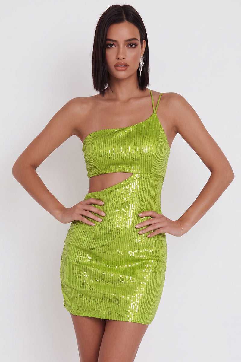 Laden Sie das Bild in den Galerie-Viewer, Gelbgrünes einschultergeschnittenes Bodycon-Pailletten-Kurzes Cocktailkleid