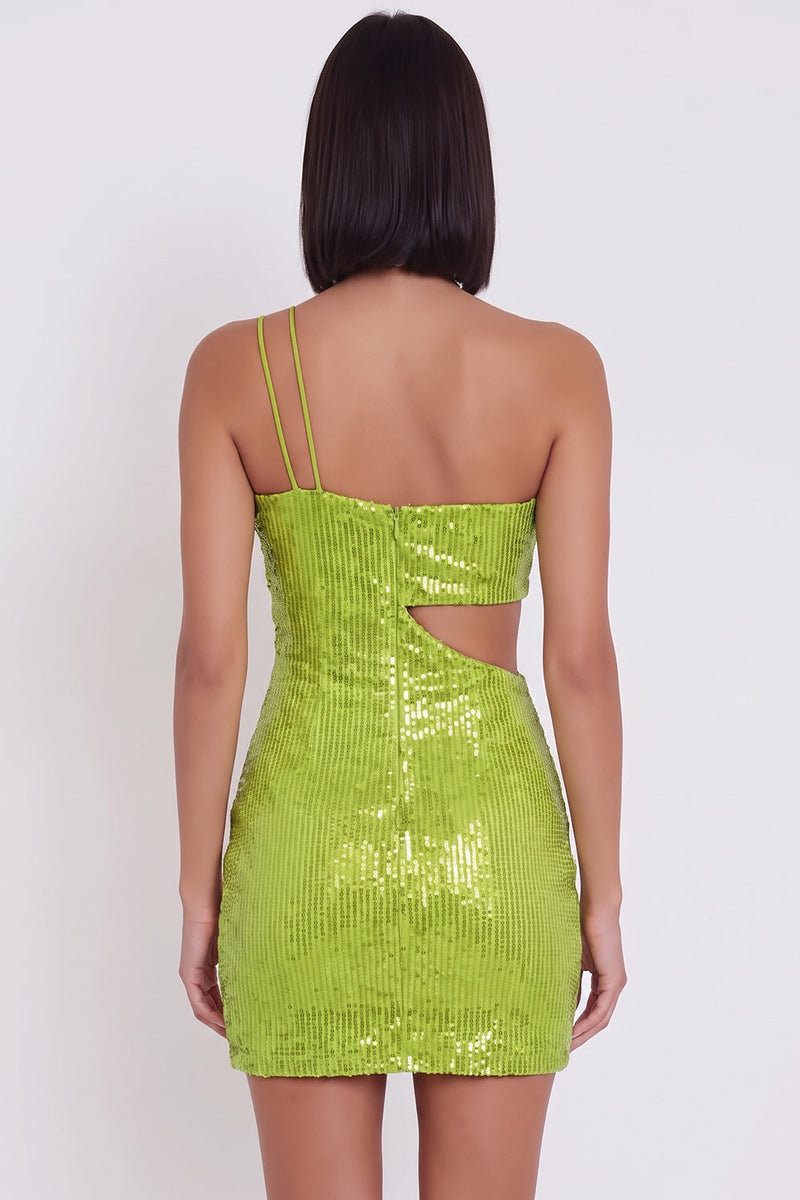 Laden Sie das Bild in den Galerie-Viewer, Gelbgrünes einschultergeschnittenes Bodycon-Pailletten-Kurzes Cocktailkleid