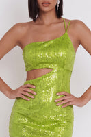 Laden Sie das Bild in den Galerie-Viewer, Gelbgrünes einschultergeschnittenes Bodycon-Pailletten-Kurzes Cocktailkleid