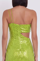 Laden Sie das Bild in den Galerie-Viewer, Gelbgrünes einschultergeschnittenes Bodycon-Pailletten-Kurzes Cocktailkleid