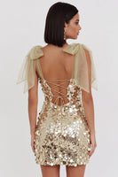 Laden Sie das Bild in den Galerie-Viewer, Glitzernde Champagner-Pailletten Bodycon Kurzes Homecoming-Kleid mit Schleifenträgern