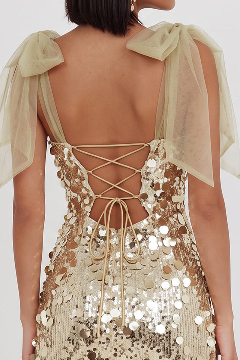 Laden Sie das Bild in den Galerie-Viewer, Glitzernde Champagner-Pailletten Bodycon Kurzes Homecoming-Kleid mit Schleifenträgern