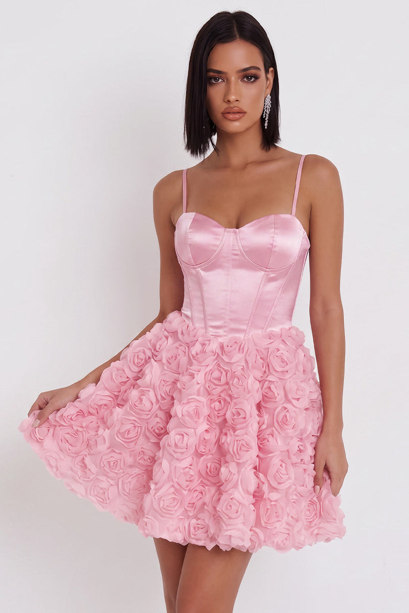 Laden Sie das Bild in den Galerie-Viewer, Rosa Korsett A-Linie 3D-Blumenapplikationen Kurzes Homecoming-Kleid mit Spitze hinten