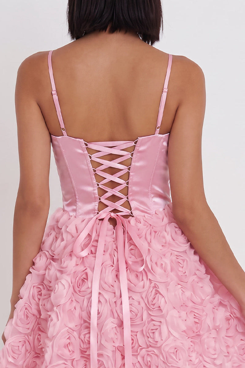 Laden Sie das Bild in den Galerie-Viewer, Rosa Korsett A-Linie 3D-Blumenapplikationen Kurzes Homecoming-Kleid mit Spitze hinten
