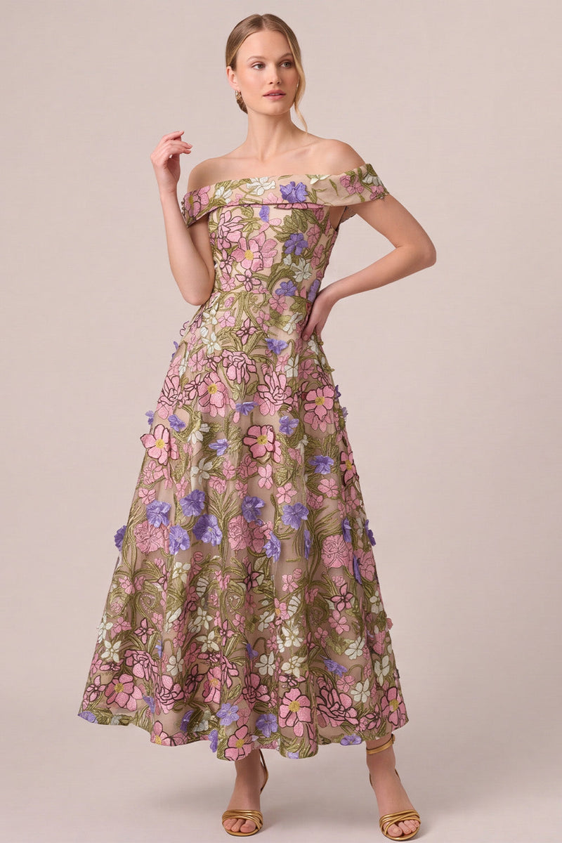 Laden Sie das Bild in den Galerie-Viewer, Rosa Off Schulter A-Linien Applikationen Midi Blumenmuster Kleid