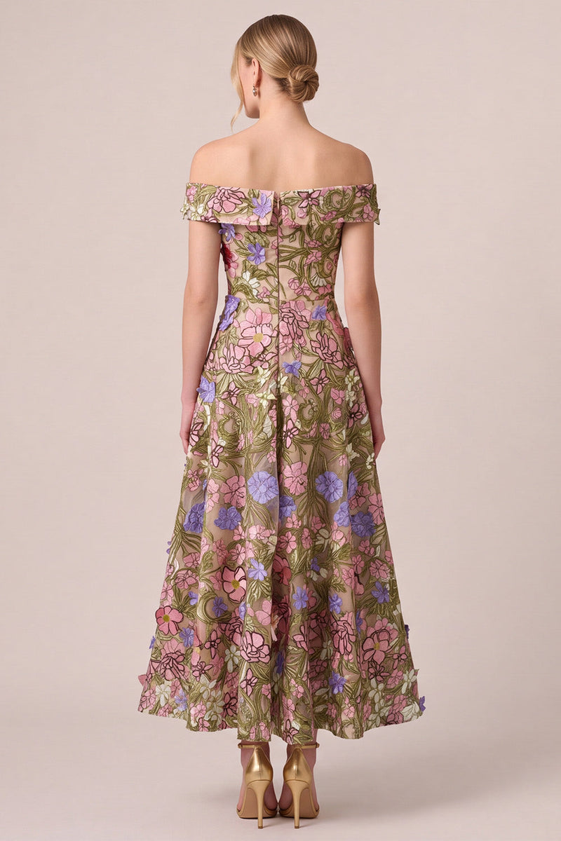 Laden Sie das Bild in den Galerie-Viewer, Rosa Off Schulter A-Linien Applikationen Midi Blumenmuster Kleid