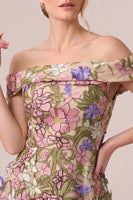 Laden Sie das Bild in den Galerie-Viewer, Rosa Off Schulter A-Linien Applikationen Midi Blumenmuster Kleid