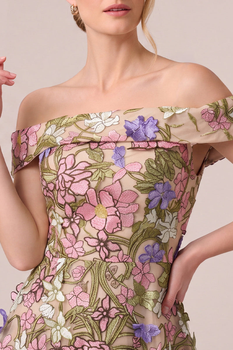 Laden Sie das Bild in den Galerie-Viewer, Rosa Off Schulter A-Linien Applikationen Midi Blumenmuster Kleid