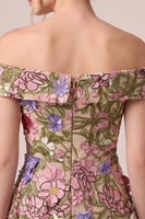 Laden Sie das Bild in den Galerie-Viewer, Rosa Off Schulter A-Linien Applikationen Midi Blumenmuster Kleid