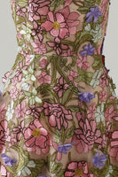 Laden Sie das Bild in den Galerie-Viewer, Rosa Off Schulter A-Linien Applikationen Midi Blumenmuster Kleid