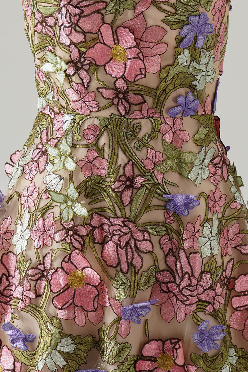 Laden Sie das Bild in den Galerie-Viewer, Rosa Off Schulter A-Linien Applikationen Midi Blumenmuster Kleid