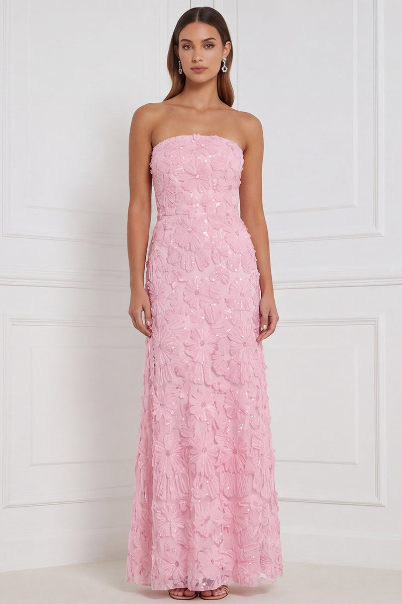 Laden Sie das Bild in den Galerie-Viewer, Trägerloses, rosa Scheiden, Blumen-Appliquiertes Pailletten, langes Brautjungfernkleid