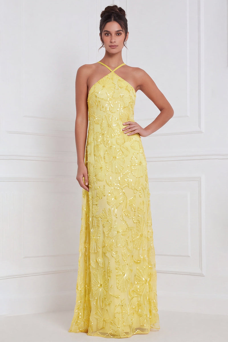 Laden Sie das Bild in den Galerie-Viewer, Hellblaues, A-Linien-Halter, Blumenbezettel, lange Brautjungfernkleid