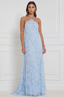 Laden Sie das Bild in den Galerie-Viewer, Hellblaues, A-Linien-Halter, Blumenbezettel, lange Brautjungfernkleid