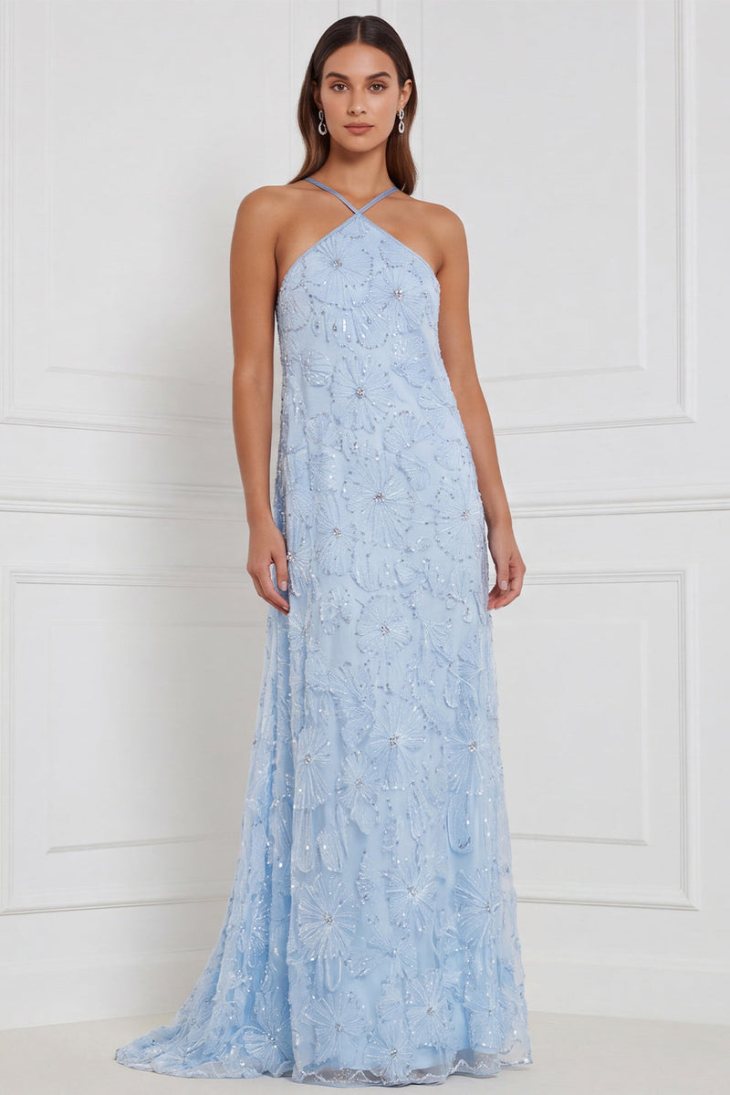 Laden Sie das Bild in den Galerie-Viewer, Hellblaues, A-Linien-Halter, Blumenbezettel, lange Brautjungfernkleid