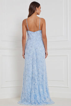 Hellblaues A-Linie Halter Blumen Langes Brautjungfernkleid