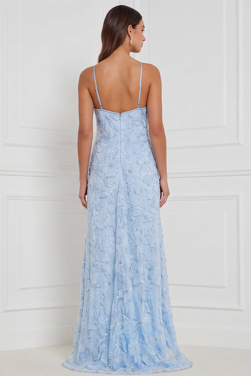 Laden Sie das Bild in den Galerie-Viewer, Hellblaues, A-Linien-Halter, Blumenbezettel, lange Brautjungfernkleid