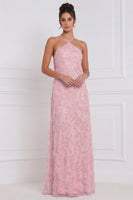 Laden Sie das Bild in den Galerie-Viewer, Hellblaues, A-Linien-Halter, Blumenbezettel, lange Brautjungfernkleid
